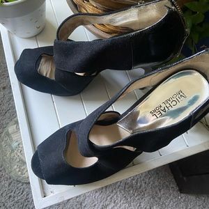 Michael Kors Velvet Patent Leather Peep-Toe MK Zip Platform Stilettos Heel Shoes